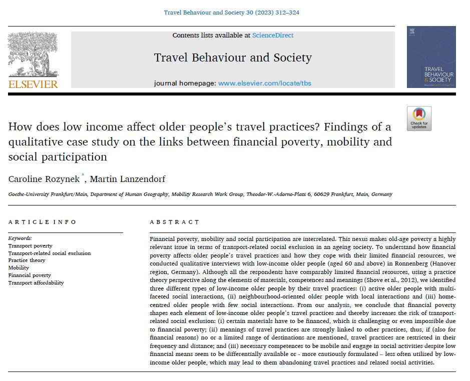GUmobilitaet's tweet photo. Our colleagues @CarolineRozynek and Prof. Martin Lanzendorf have just published a paper in Travel Behaviour and Society. In a qualitative case study, they explore how low income affects older people's travel practices.
#Social2Mobility #Social2MobilityII
https://t.co/D9hTbMrRUR https://t.co/O2lUnOt0aK