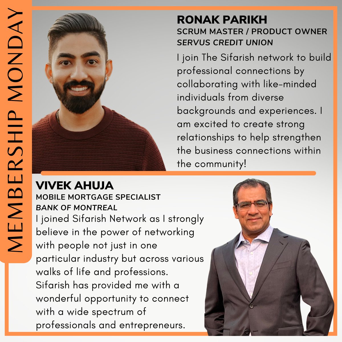 Sifarishorg's tweet photo. Welcome to this week’s #MembershipMonday ! This week, we feature Ronak Parikh and Vivek Ahuja! 

Glad to have Ronak and Vivek on board! 

#sifarish #community #connection #collaboration #southasian #business #professional #yeg #productowner #scrumaster #mobilemortgagespecialist https://t.co/FOcpKVsWjP