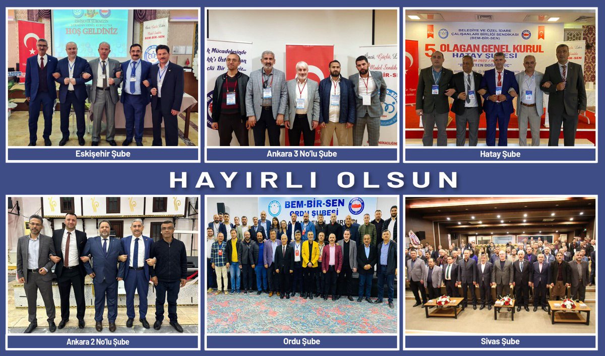✨<a href="/Bem_Bir_Sen/">BEM-BİR-SEN</a> 
Şube Kongreleri hayırlı olsun

Eskişehir&amp;Bilecik
Fethullah Özsarı

Hatay
Ömer Yarar

Sivas
Mustafa Pakoğlu

Ankara 2
Fahri Kılıç

Ankara 3
Hanefi Sinan 

Ordu
Rahmi Çakar

Başkanlarımızı ve ekiplerini tebrik ederim
Emek ve gönül veren teşkilatımıza teşekkür ederim