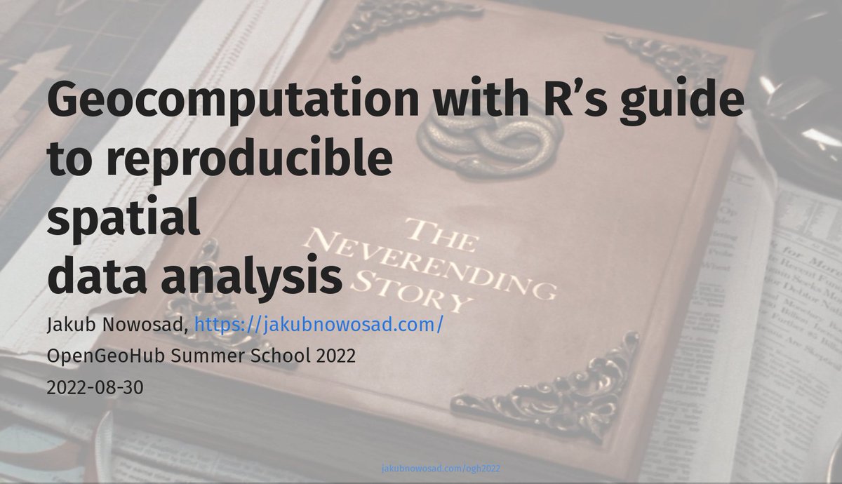 "Geocomputation with R’s guide to reproducible spatial data analysis" 

Slides: jakubnowosad.com/ogh2022
Video: doi.org/10.5446/59404

It introduces geocomp with R and highlights some important reproducibility methods and tools. Exercises included.

#rstats #rspatial <a href="/opengeohub/">OpenGeoHub Foundation</a>