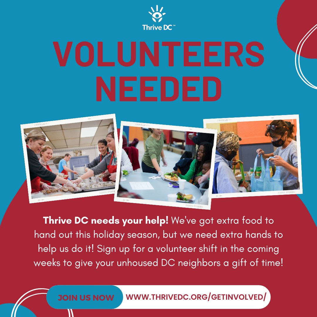 Looking to volunteer this holiday season? Thrive DC needs your help! If you have an hour or two to spare, spend it with us, and give your DC neighbors the gift of warm food and holiday cheer! Visit thrivedc.org or email vanessa@thrivedc.org to sign up! #volunteer