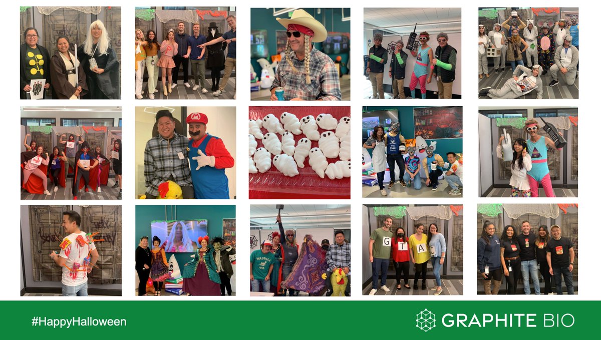 GraphiteBio's tweet image. #HappyHalloween from the Graphite Bio team! From cell fitness to nucleotides to clones of our CEO, famous musicians and cereal killers, our team's creativity always shines when we get together. Have a spooktacular #Halloween!