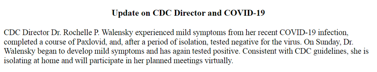 From the @CDCgov: Walensky experiencing rebound symptoms and tested positive for Covid-19 again after completing a course of Paxlovid.