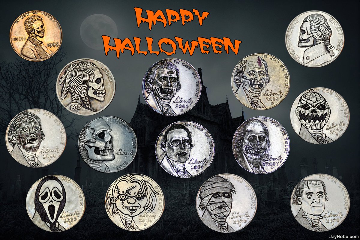 JayHobo's tweet photo. Happy Halloween!

#jayhobo #halloween #zombies #skullart #hobonickels https://t.co/r89RdfZOCB