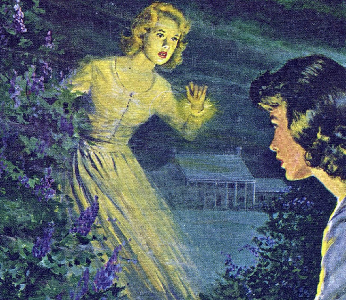 Suddenly she saw a flickering light ahead, near the grove. Curious, she drew closer. A veiled figure wearing a glowing white gown confronted her. Mystery at Lilac Inn (Nancy Drew) by Mildren Wirt, ghost writer for “Carolyn Keene” #BookWormGhost