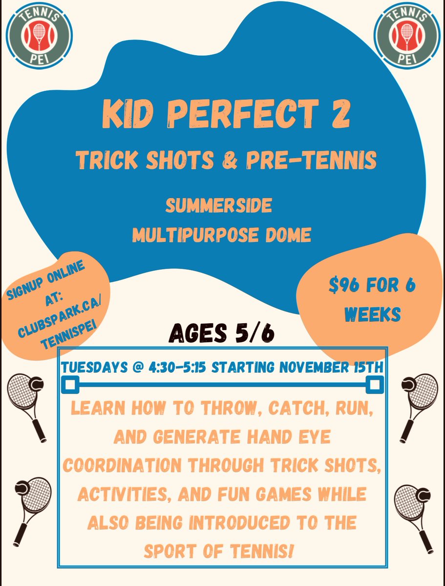 TennisPEI's tweet photo. Trick shots &amp; Pre-tennis in the Summerside Multipurpose Dome.

Learn how to throw, catch, run and generate hand eye coordination through trick shots, activities, and fun games while also being introduced to the sport of tennis!

https://t.co/6E1w7PSjyn https://t.co/Z7verBwyni