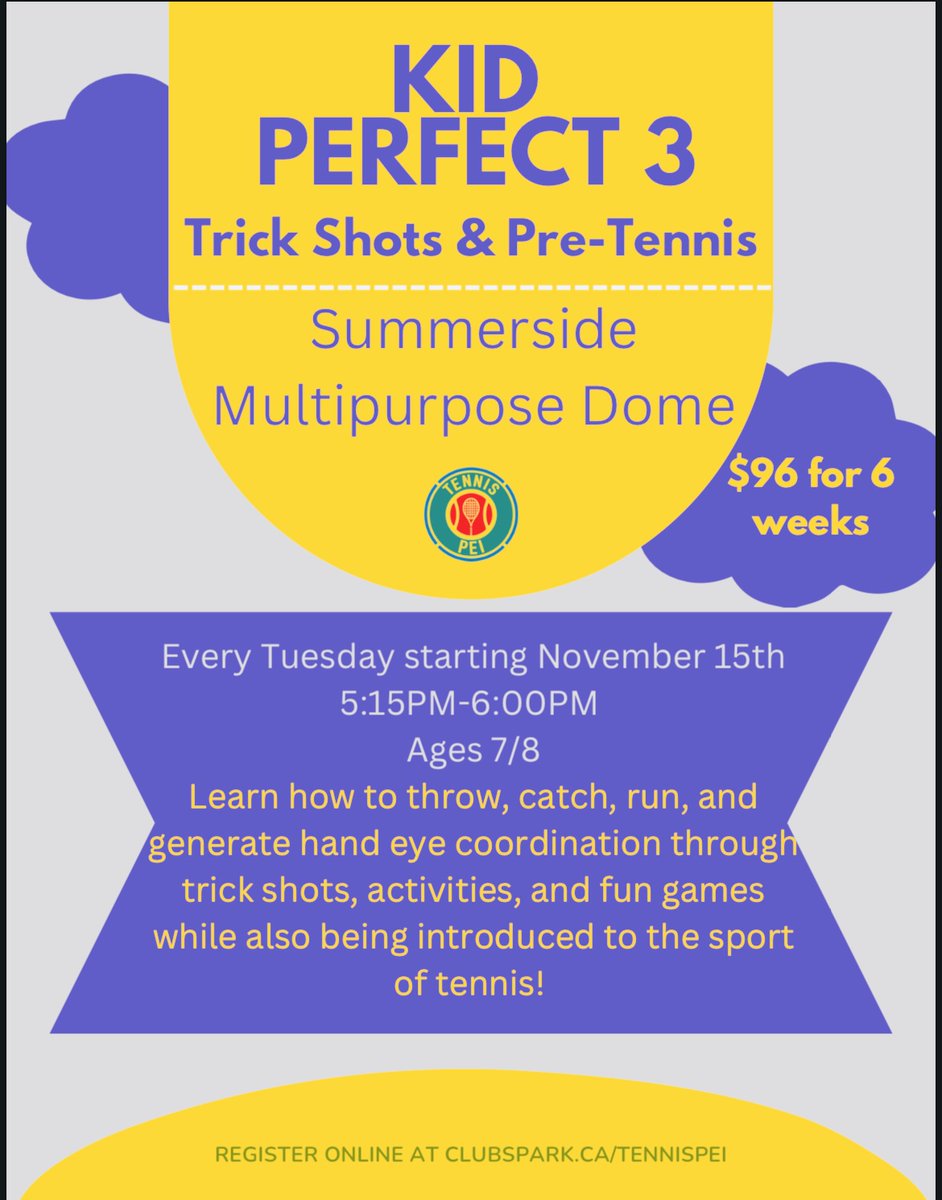 TennisPEI's tweet photo. Trick shots and pre-tennis in the Summerside Multi Purpose Dome!

Learn how to throw, catch, run and generate hand eye coordination through trick shots, activities, and fun games while also being introduced to the sport of tennis!

https://t.co/KYcBD0iFph https://t.co/7sUdizT9QW