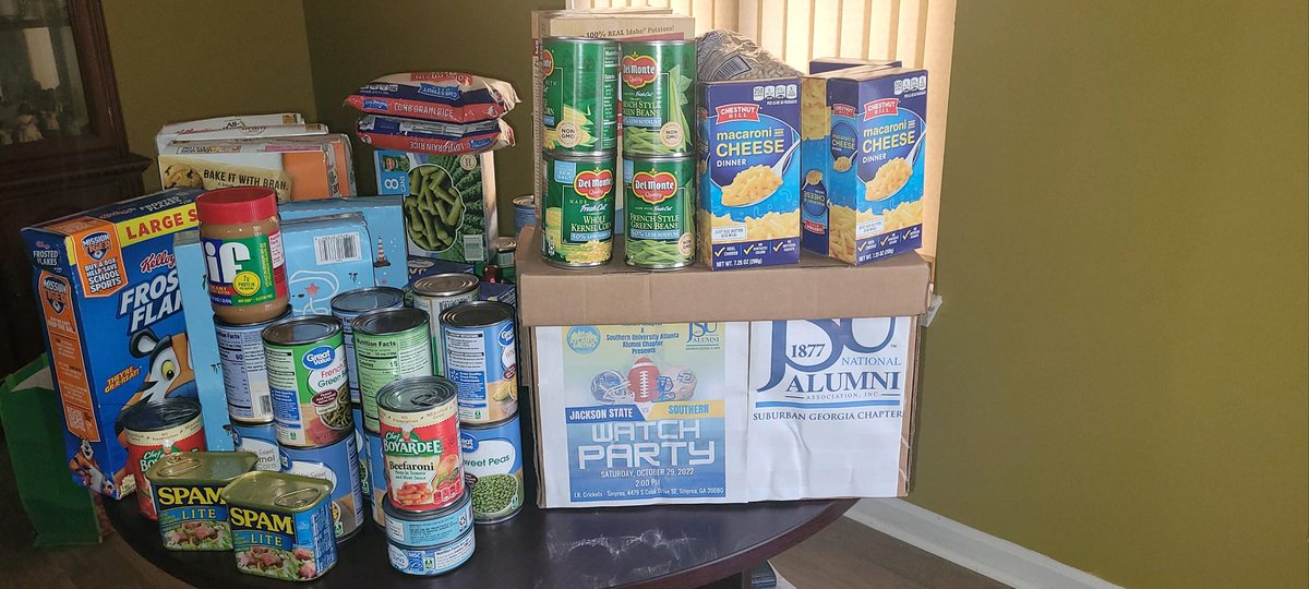 JSUSGAC's tweet photo. Thanks to EVERYONE who donated food or money during our food drive at the JSU vs SU Watch Party. Photo does not do collection justice. Food will be donated to MUST Ministries in Marietta, GA. #CommunityOutreach #FoodInsecurityisReal #ShowingGeorgiaourAlumniCares #SGAC https://t.co/7zC7HQDe9N