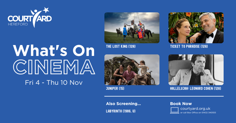 TheCYCinema's tweet photo. ⭐️ This Week at The Courtyard Cinema ⭐️

👑 The Lost King (12A)
🌺 Ticket to Paradise (12A)
🎸 Hallelujah: Leonard Cohen (12A)
🎬 Juniper (15)

Book Now:
🎟 https://t.co/MCRnS2L72x
📞Or call Box Office on 01432 340555

#CourtyardHereford #CourtyardCinema #WhatsOnHereford https://t.co/0oUUq82YfZ