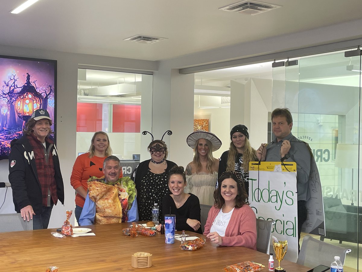 CRIMSONagency_'s tweet photo. Spooky season is real! 👻 🎃 
Our team had a Halloween celebration with a delicious lunch from @SlowsBarBQ and an office costume competition with the team! 
#halloween #MCCI #AgencyLife https://t.co/c6Ldu5CRgV