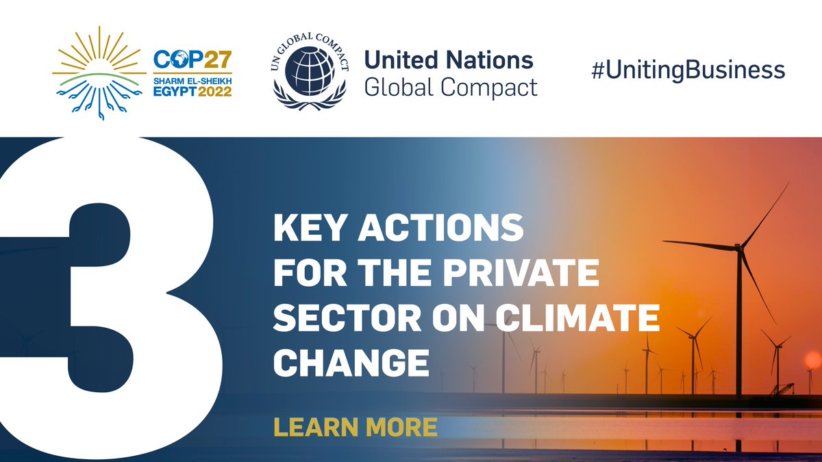 📢 #COP27 is about closing the gap between ambition and action — and business has a role to play!
1⃣ Speeding up emissions reductions
2⃣ Adjusting to the effects of #ClimateChange
3⃣ Ensuring a just transition to #NetZero

Read it here 👉 bit.ly/3SQZRxe

#UnitingBusiness