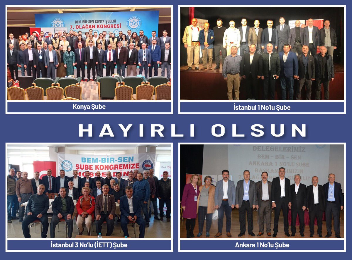 ✨<a href="/Bem_Bir_Sen/">BEM-BİR-SEN</a> 
Şube Kongrelerimiz;

İstanbul 1
Metin Başaran

İstanbul 3
Yakup Gündoğdu

Konya
İrfan Mutlu

Ankara 1
Feridun Güneş

Başkanlarımızı ve ekiplerini tebrik ederim.
Birliğimize güç katan teşkilatlarımıza teşekkür ederim.
Hayırlı olsun.