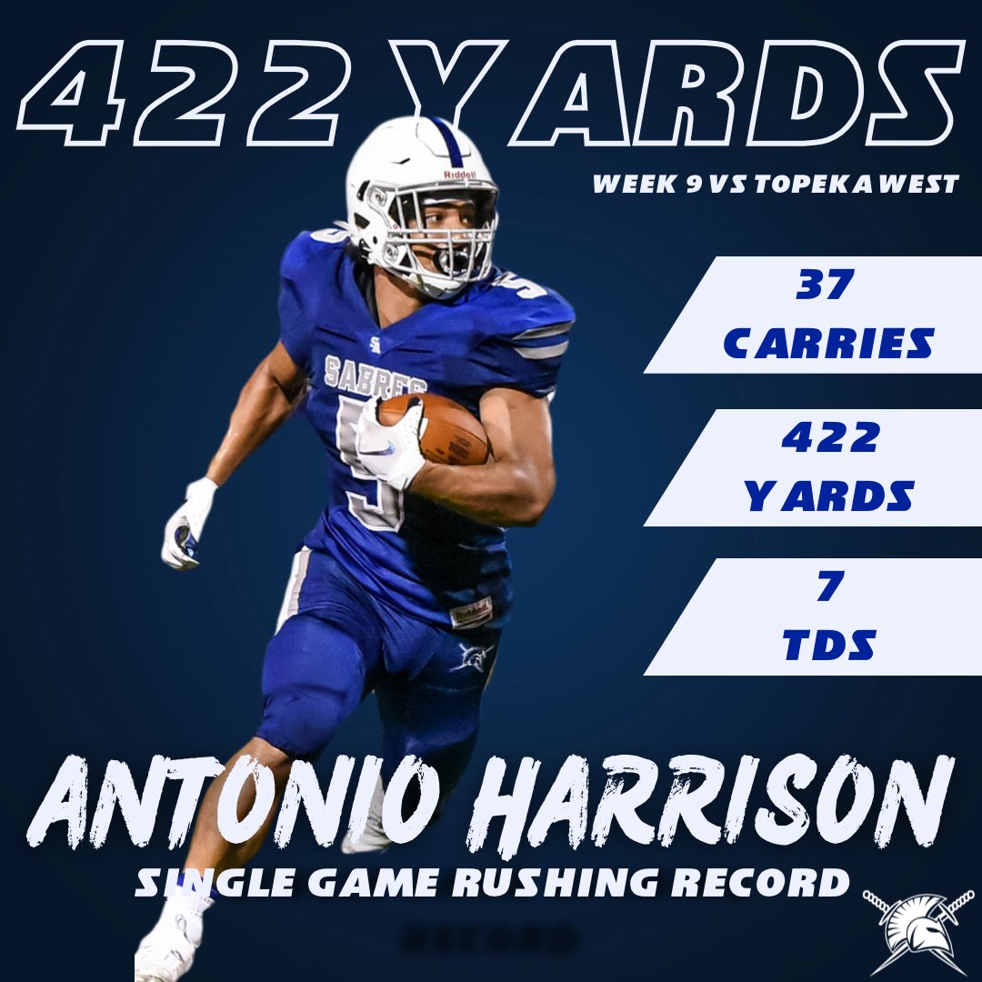 RECORDS are meant to be BROKEN and @nosirrahCO23 added to his Friday night! 

Antonio now holds the record for most single game yards with 422 yards on 37 Carrie’s and 7 TDs vs Topeka West! 

#4theacademy