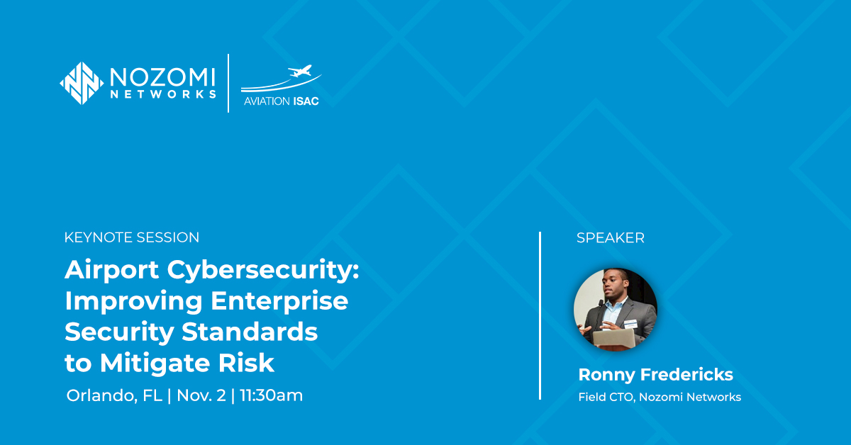 nozominetworks's tweet photo. We're looking forward to Ronny Fredericks' keynote session at this week's @AviationISAC #Cybersecurity Summit in Orlando! Join us there at 11:30am on November 2, where he will discuss mitigating risk and improving #airport cybersecurity.

More info: https://t.co/WudfBZY9Mi https://t.co/2yXxpUnNUu