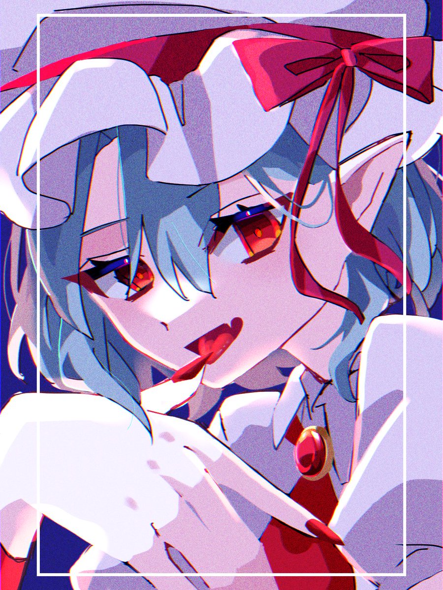 remilia scarlet 1girl solo hat red eyes blue hair red nails mob cap  illustration images