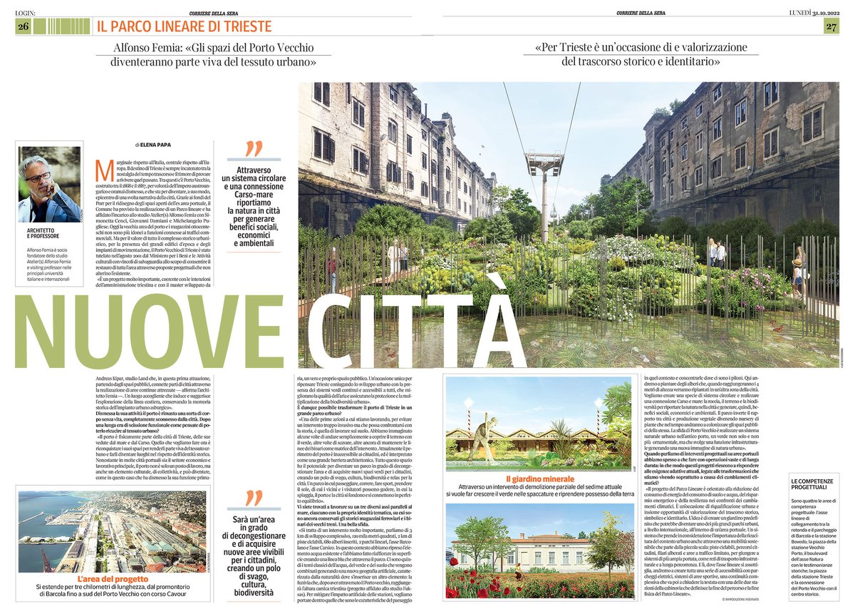 AteliersFemia's tweet photo. Nell'ultimo numero di @CorriereLOGIN, inserto del @Corriere dedicato a Tecnologia e Innovazione, il #progetto del #ParcoLineare di #Trieste
#Intervista di Elena Papa in edicola oggi
#ateliersalfonsofemia #AF517 #tecnologia #innovazione #cambiamento #città @alfonsofemia https://t.co/EX0qdWPtI2