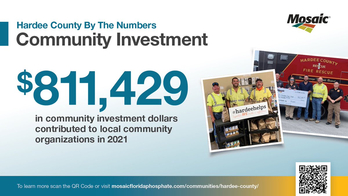 MosaicInFlorida's tweet photo. #DidYouKnow that in 2021, Mosaic contributed over $811K to local community organizations in #HardeeCounty?
Learn more: https://t.co/C6H3qw0hHy https://t.co/YV7koDC6yo