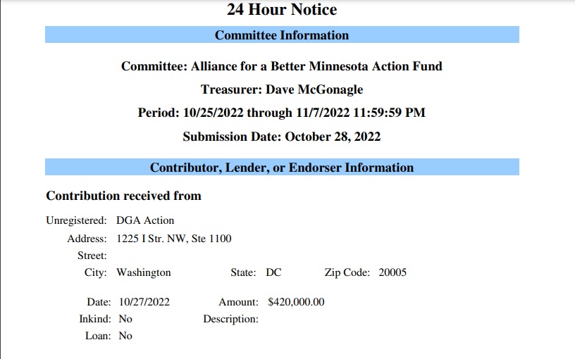 Stowydad's tweet photo. Lots of late money coming into top MN races (#mngov and #mnag).

RGA put in $750k last week and I'm told more is on the way. (RGA has MN fundraiser today)

DGA made another big infusion Friday to Alliance for a Better MN, which has taken in enough to match the RGA infusion. https://t.co/LGu16UqtOw