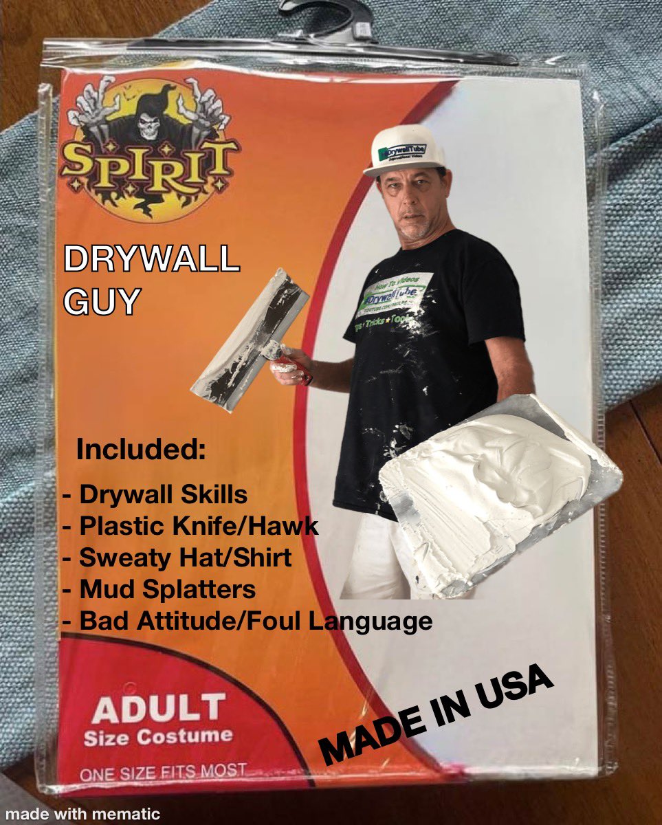 Now is Your Chance To Be A Drywall Guy! Happy Halloween!!!🎃💀👻💀👻💀🎃
#drywallguy #halloween #costume #happyhalloween #halloweencostume #drywall #drywalltools #drywalltricks #trickortreats #trickortreat #drywalllife #paulpeck #paulpeckdrywall