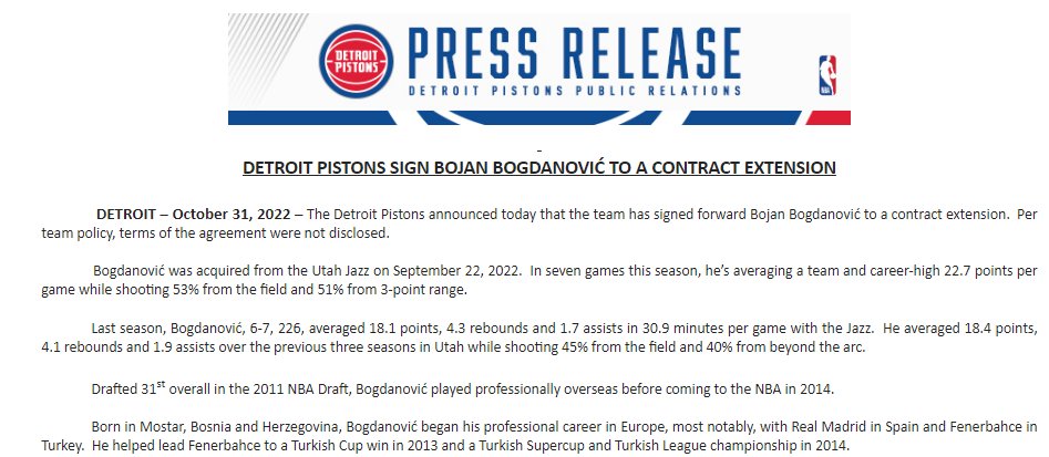 Pistons' Bojan Bogdanovic agrees to two-year, $39.1 million extension, per  report 