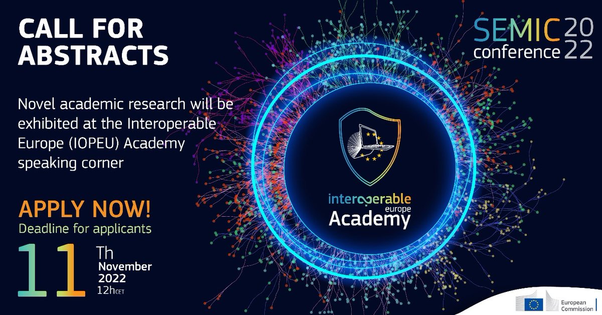InteroperableEU's tweet photo. At #SEMIC2022🎇, the #InteroperableEuropeAcademy will organise a speaking corner to give 10 junior researchers in #semantic #interoperability the chance to briefly present their ongoing #research to a wide audience of experts!

Interested? Click here! 👉https://t.co/fUR0LLOG8W https://t.co/BQaJfW36Ui
