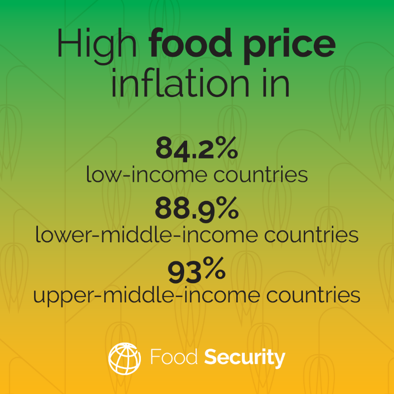 WorldBankGroup's tweet photo. Almost all low and middle-income countries, and 87.5% high-income countries, now experience high food price inflation. More in our latest #FoodSecurity Update: