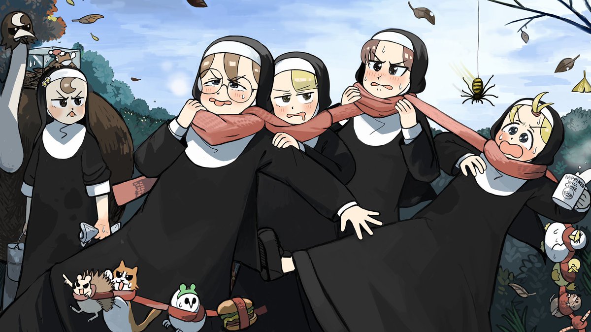 clumsy nun (diva) ,froggy nun (diva) ,spicy nun (diva) shared scarf scarf nun blonde hair brown hair multiple girls catholic  illustration images