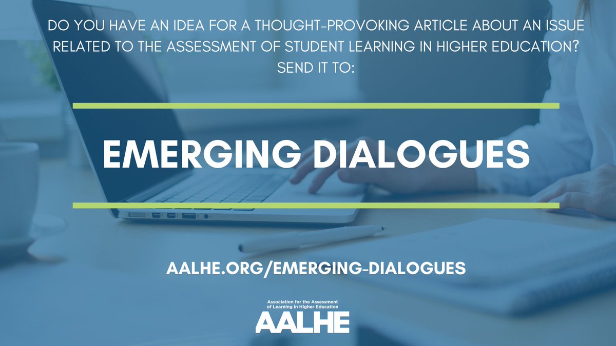 aalheorg's tweet photo. Do you have an idea for a thought-provoking article about an issue related to the assessment of student learning in higher education?

Send it to Emerging Dialogues at AALHE.

For more information visit: https://t.co/OfUdUmkcel https://t.co/YkBMZ6VgbW
