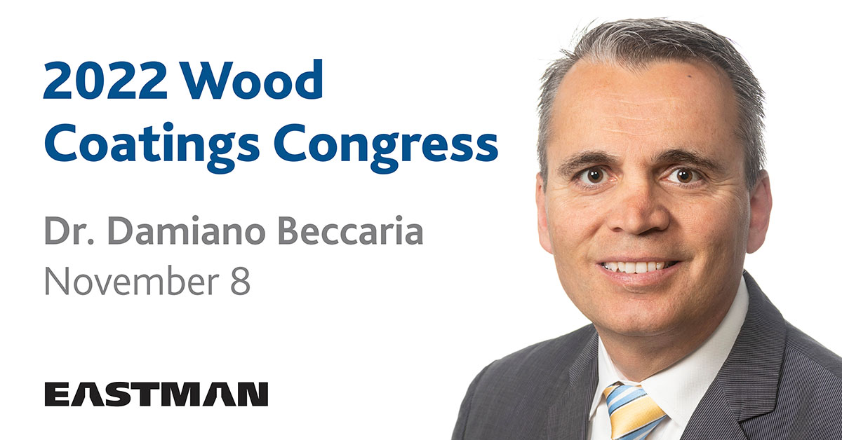 The 2023 Wood Coatings Congress is only a few weeks away! Be sure to attend Dr. Damiano Beccaria’s presentation to learn more about sustainability initiatives at Eastman. You can also find out more about sustainability at Eastman by visiting bit.ly/3gMh9hE.