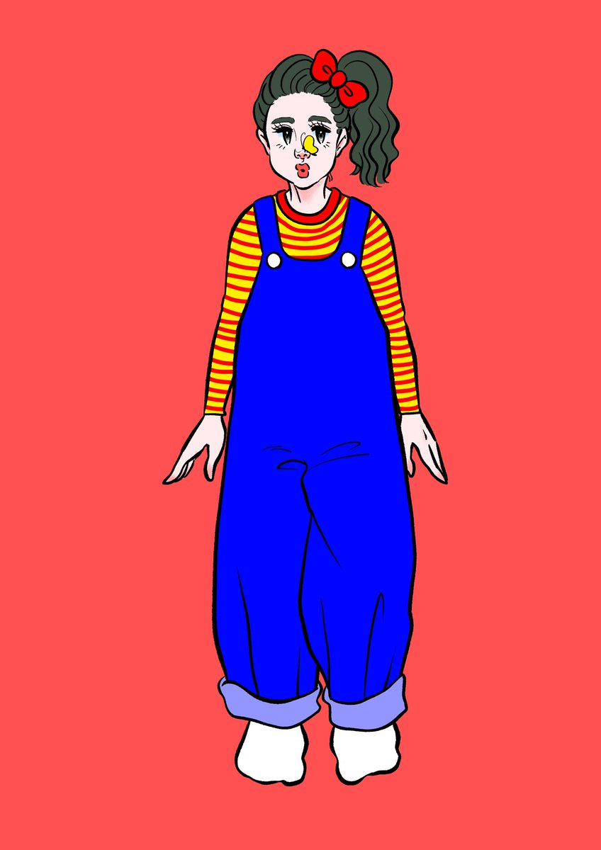 1girl solo shirt striped shirt overalls long sleeves red background  illustration images