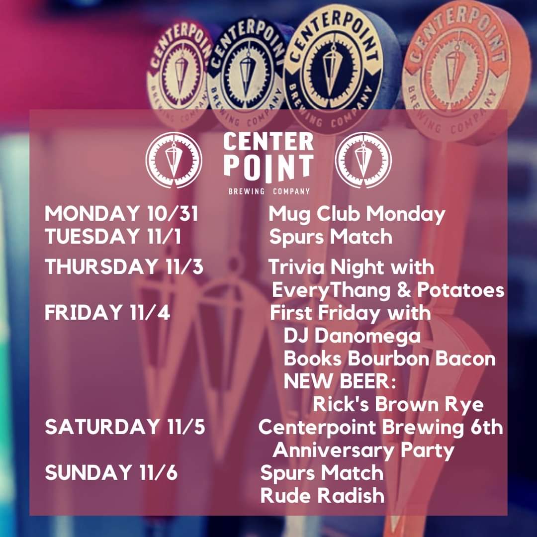 Centerpoint Brewing (@centerpointbrew) on Twitter photo This week at Centerpoint Brewing
<a href="/SpursOfficial/">Tottenham Hotspur</a> <a href="/IndySpurs/">Indy Spurs</a> <a href="/IndysLiveTrivia/">Indy's Live Trivia</a> <a href="/bksbrbnbcn/">Books Bourbon Bacon</a> <a href="/CCICArtists/">CCIC Artists</a> <a href="/circlecityind/">Circle City Ind.</a>
#centerpointbrewing #coys #trivianight #indytrivia #loadedfries #indyfirstfriday #corndogs #indyevents #cheerstosixyears #newbrewalert #indyvegan #plantbasedfood This week at Centerpoint Brewing
<a href="/SpursOfficial/">Tottenham Hotspur</a> <a href="/IndySpurs/">Indy Spurs</a> <a href="/IndysLiveTrivia/">Indy's Live Trivia</a> <a href="/bksbrbnbcn/">Books Bourbon Bacon</a> <a href="/CCICArtists/">CCIC Artists</a> <a href="/circlecityind/">Circle City Ind.</a>
#centerpointbrewing #coys #trivianight #indytrivia #loadedfries #indyfirstfriday #corndogs #indyevents #cheerstosixyears #newbrewalert #indyvegan #plantbasedfood