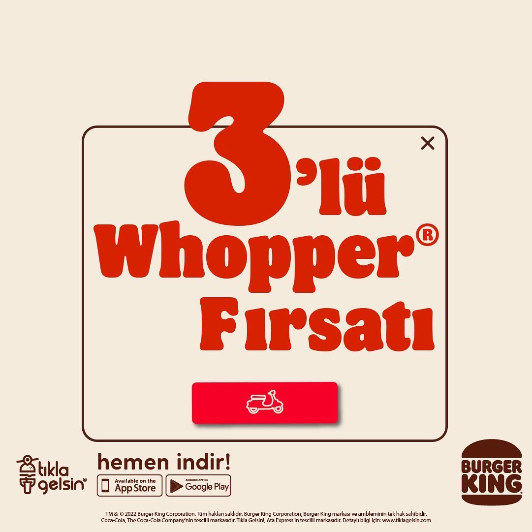 BurgerKingTR's tweet photo. İşte 3’lü Whopper ® Fırsatı. Hemen gir Tıkla Gelsin ®’e, ver siparişini, fırsat dilediğin yere gelsin. Afiyet olsun. https://t.co/xRUMULlrDZ
