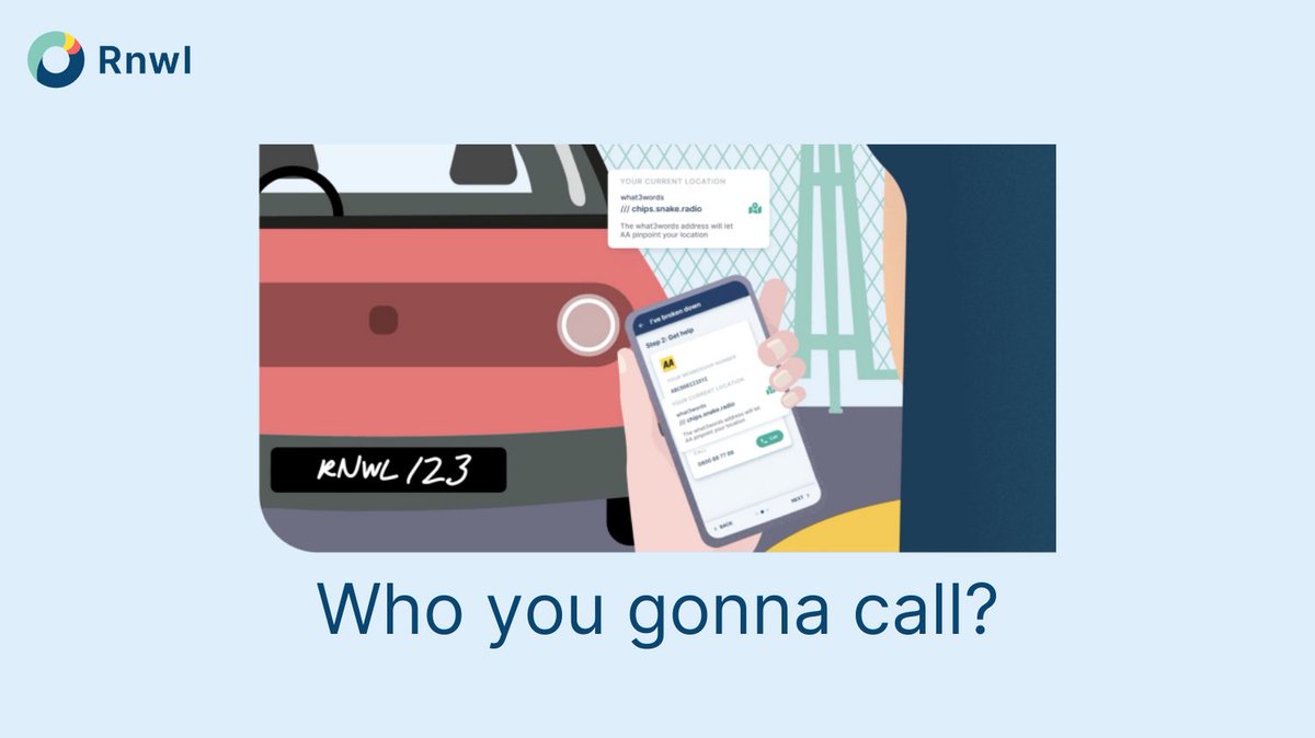 RnwlCo's tweet photo. If your car ever breaks down, do you know whom to call?
With #Rnwl #InsuranceWallet, tap "I've broken down" and get:
- Your breakdown assistance provider
- Their phone number
- Your policy number
- Your location on @what3words
All at your fingertips. Download for free today. https://t.co/Xxbt8aMOKg