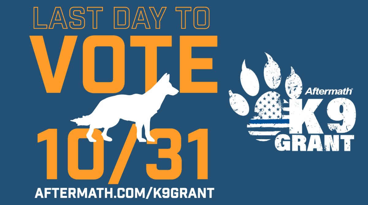 Where did the time go?? You have until 11:59pm CDT TONIGHT to cast your #vote! #AftermathK9Grant

Give your agency three more votes:
1 - online: aftermath.com/k9-grant
1 - Facebook: Aftermath Cares 
1 - Instagram: @aftermathk9grant

#aftermathcares #everydayheroes