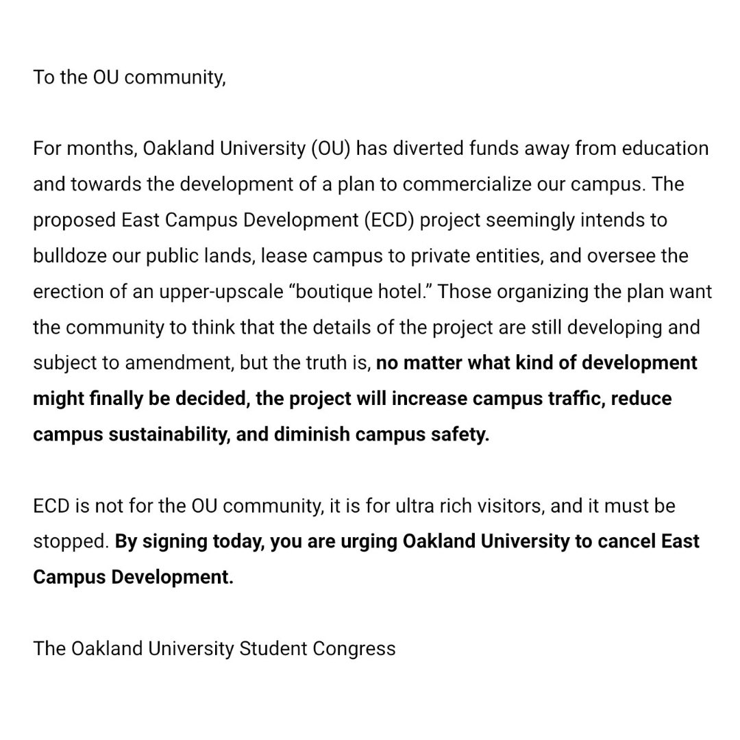 PETITION: Sign the petition to oppose the East Campus Development plan which intends to build a hotel on campus and harm our green spaces. change.org/OUSaveOurCampus