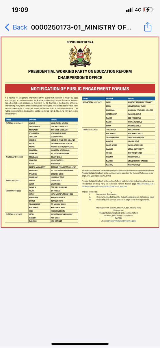 Below are the dates when the presidential working party will be in your county. Please ensure to attend and give your views.