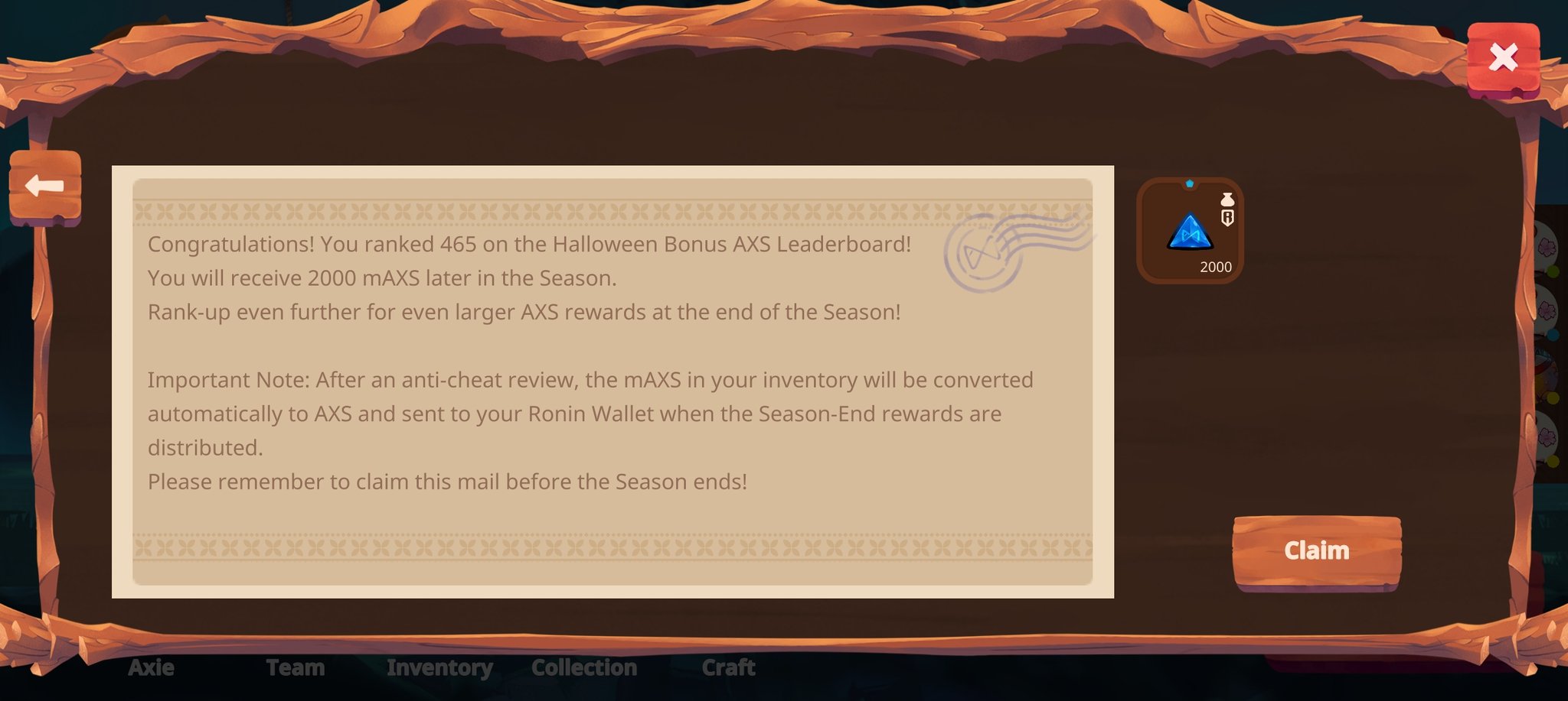 Axie Infinity on X: If you finished within the Top 20,000 for the  #Axieween leaderboard event-- check your mailbox! Important: claim this  before the season ends!  / X