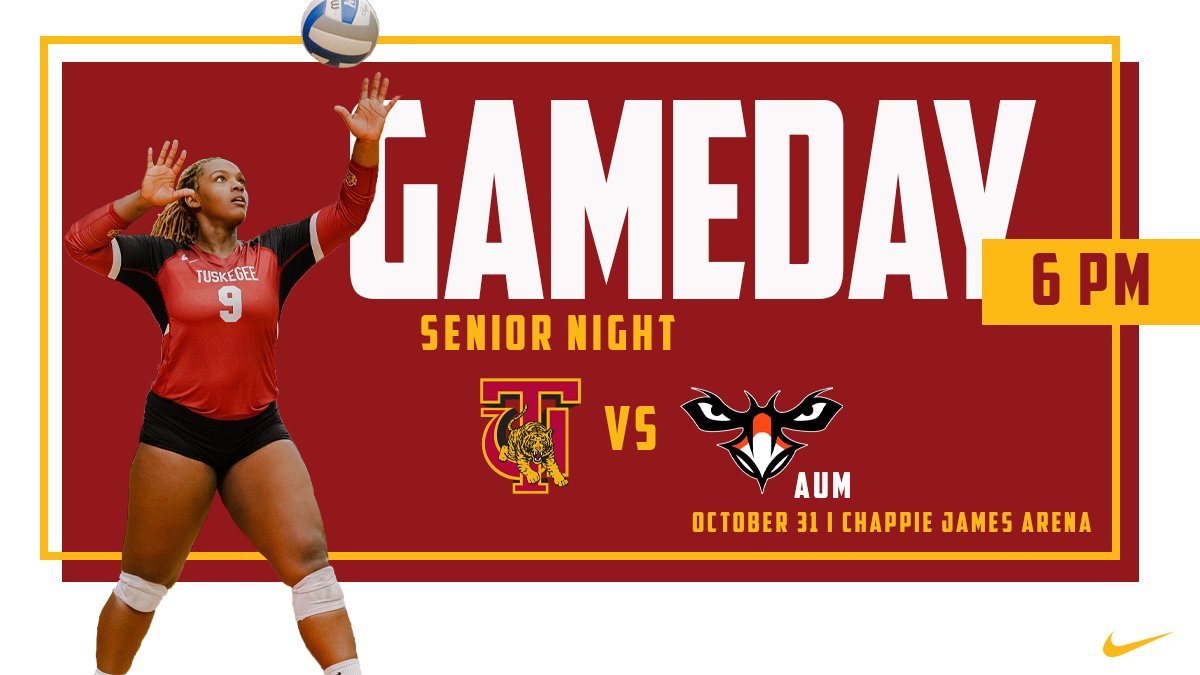GAMEDAY‼️ Your Golden Tigers will play their final regular season match of the year in Chappie this evening against AUM‼️ First serve is set for 6 p.m. 🆚 AUM 🕙 6 PM #TheStandard #TuskegeeVB