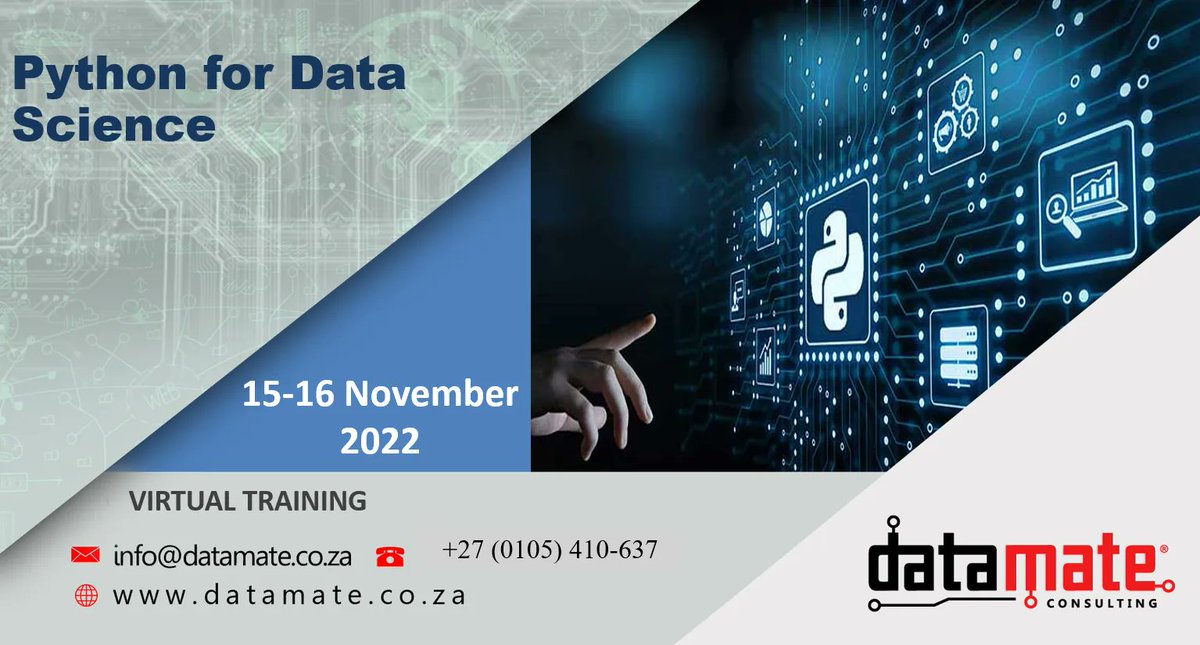 datamatesa's tweet photo. This 3- day course for Python for Data Science will assist delegates to develop skills for data analysis and data visualization. 
For more :
Visit Now: https://t.co/TtVQWRVfBi
CALL:+27 (0105) 410-637
#python #datascience https://t.co/q3U1ulX92Q