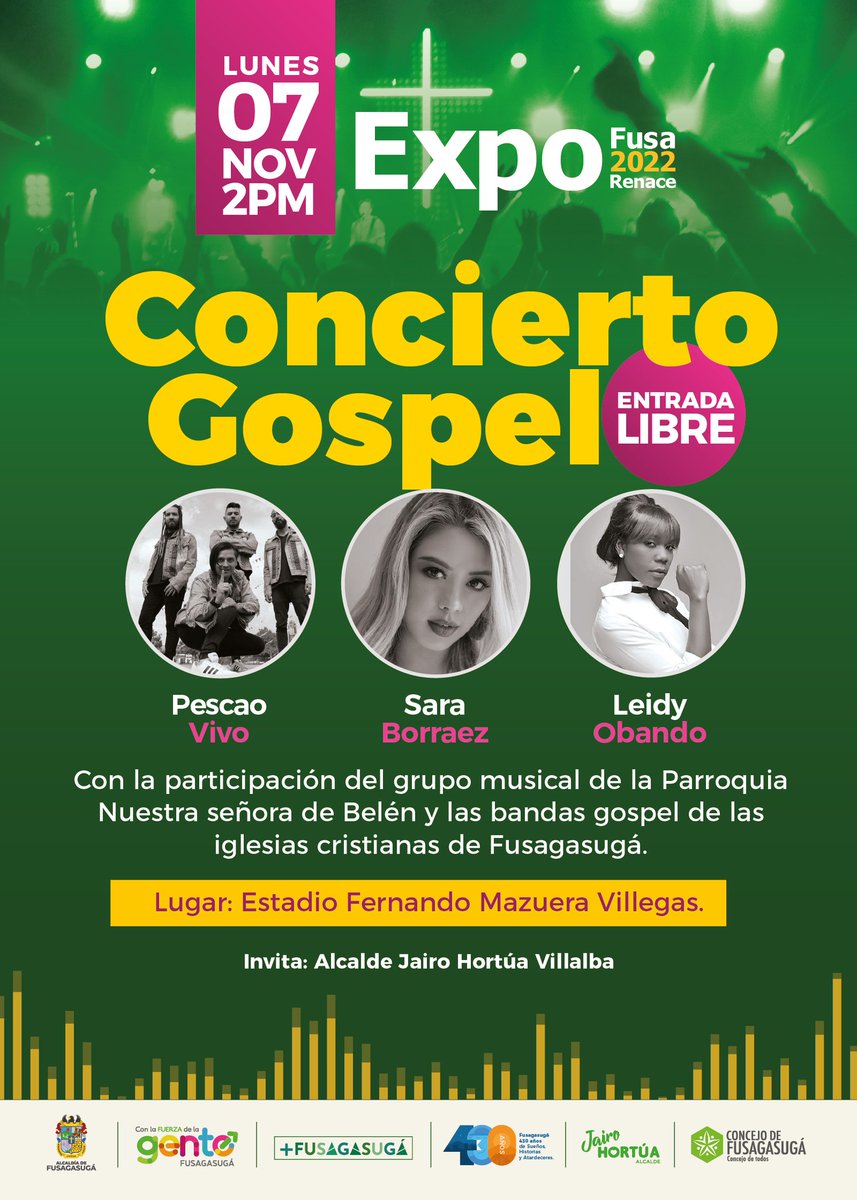 AlcFusagasuga's tweet photo. #EXPOFUSA ¡Enciende tu espíritu con el gran CONCIERTO GOSPEL ! 🎤🎶🙏
Te invitamos a disfrutar de la música de Pescao Vivo, Sara Borraez, Leidy Obando y muchos artistas más. 🤗
🏟 Estadio De Fútbol Fernando Mazuera | Lunes 7 de NOV | 2PM.
🧔🏽♂️ Invita Jairo Hortúa Villalba https://t.co/AqmS6fwWNu