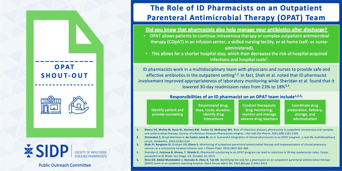 A special shout out and a PAT on the back to OPAT pharmacists everywhere! Take some time today to educate others about the pharmacist's role in outpatient parenteral antibiotic therapy and complex outpatient antimicrobial therapy! #OPAT #COpAT #SIDPAdvocacy