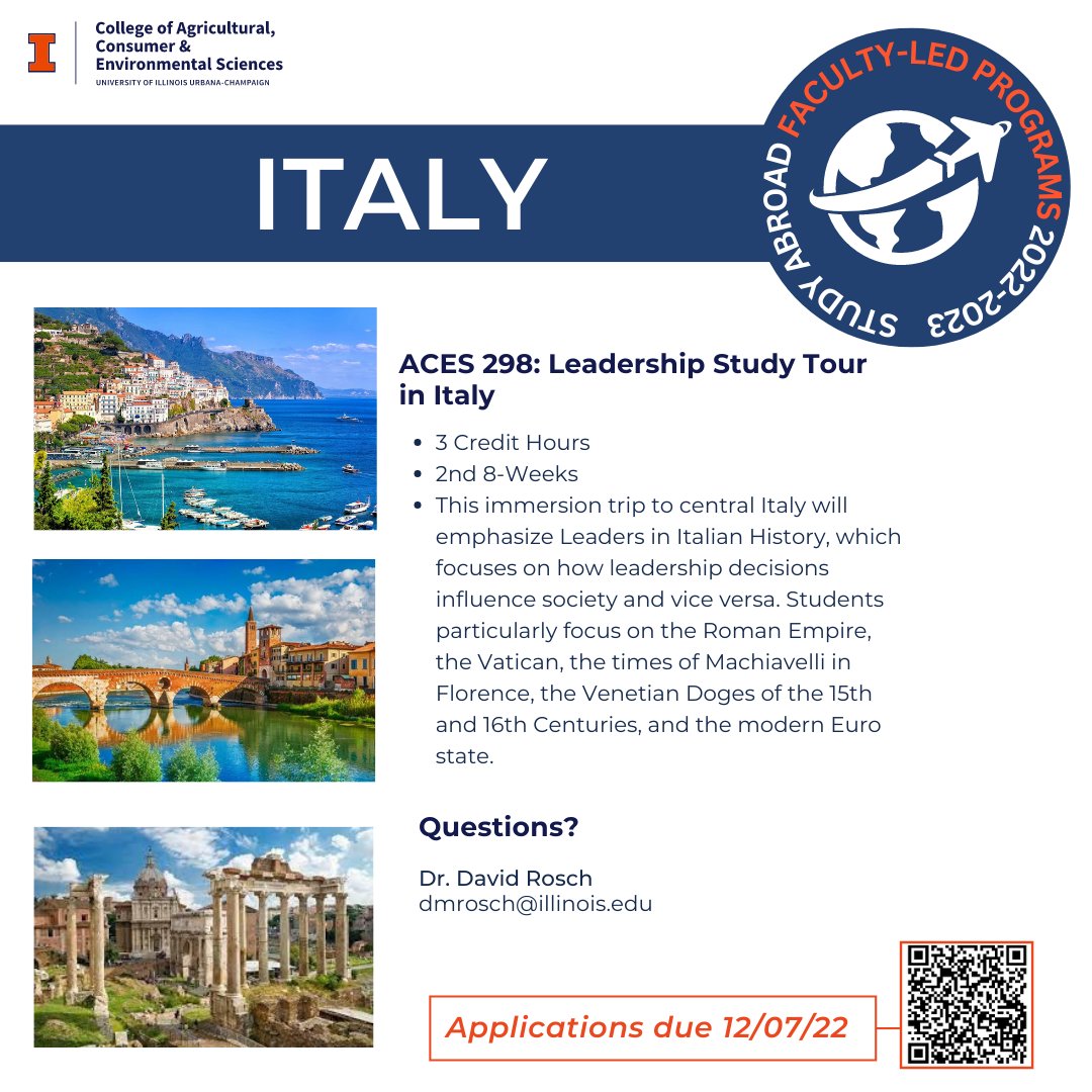 Check out our ACES Faculty-Led Program: Leadership Study Tour in Italy program that will have program and scholarship applications due on December 7, 2022! To learn more about the program and to apply, visit