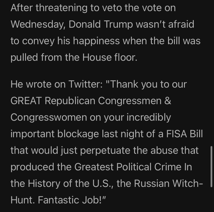 dbaggar's tweet photo. lmao in 2020 Trump let the Patriot Act expire because he felt personally persecuted by it https://t.co/8Ey0JbQ474