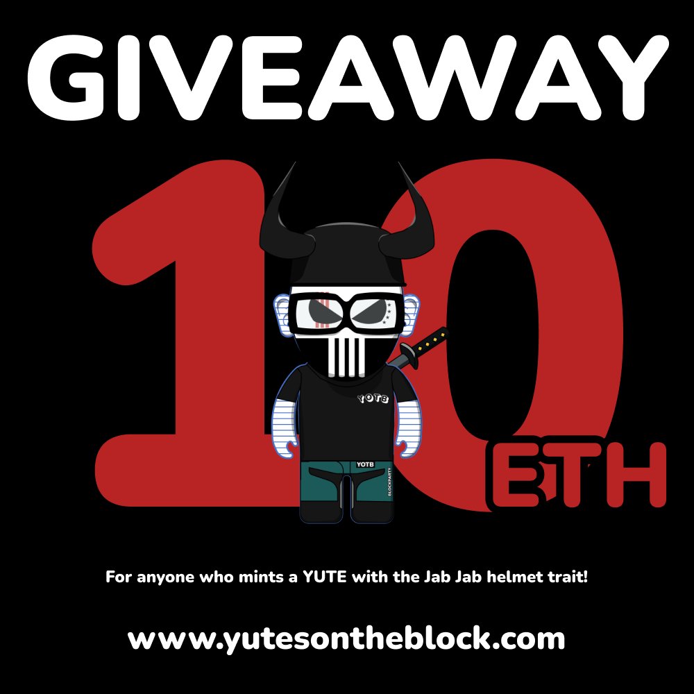 YutesOnTheBlock's tweet photo. You can win 10 ETH if you mint a YUTE with the Jab Jab helmet trait!

https://t.co/FnusAAfhXV

#giveaways #NFT #Ethereum #NFTCommunity #YOTB #yutes #MintingNow #MintingAlert https://t.co/shZ0v8GHFE