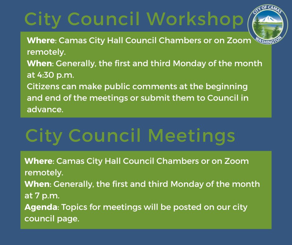 Have you wondered how you can interact with your City Council members? Join us at our next City Council workshops and meetings. To learn more, visit cityofcamas.us/citycouncil/pa…