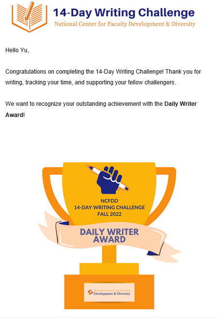 YuYan_OUcmc's tweet photo. There’s never enough time for research and writing. 
Just went through a 30-mins daily writing in 14-Day Writing Challenge with @NCFDD. Just realized it is easy and hard to improve the research and academic writing skills. But I am going to grind on it! https://t.co/Hp6CJpgBbQ