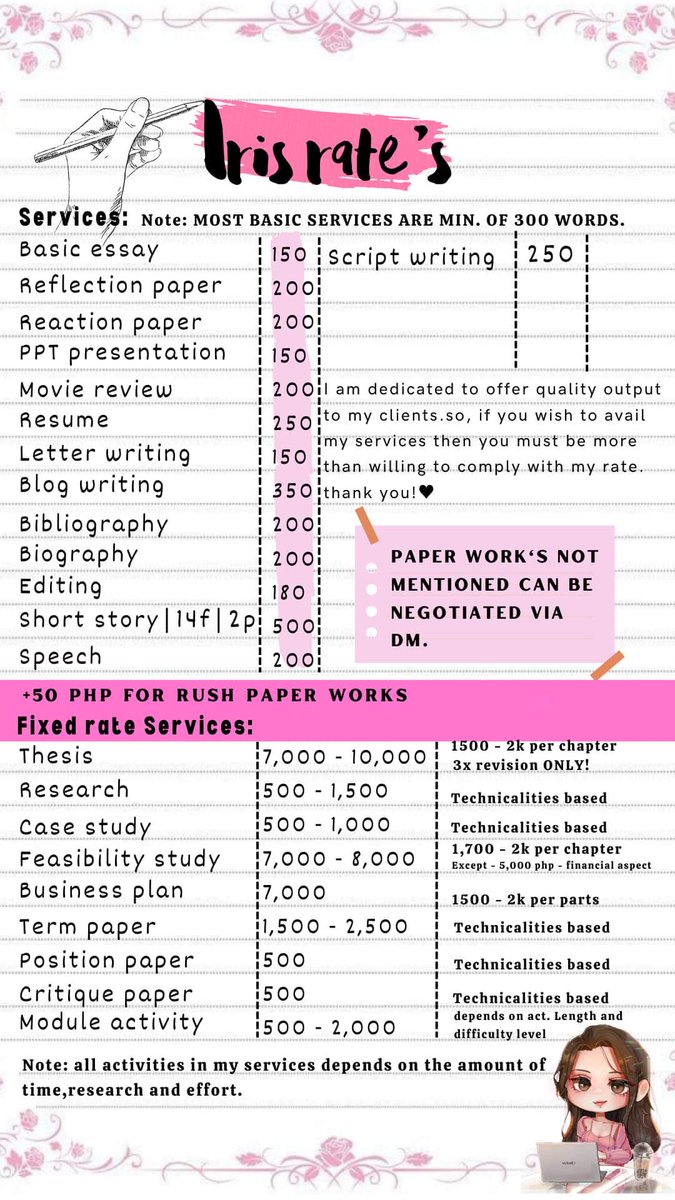 acadwriterph's tweet photo. Hola client's!♥
Welcome to my academic commission corner. Having trouble with your papers? Too preoccupied with personal matters? Worry no more! I am here to offer my writing services. 
Please send me a dm for paper works inquiries.

#academiccommission 
#Academicwriting https://t.co/u97njHNfi2