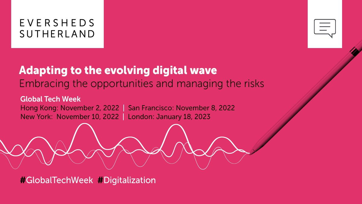 ESgloballaw's tweet image. Is your business riding the digital wave? Join us for #GlobalTechWeek, a series of events taking place in Hong Kong, San Francisco, New York and London. We will discuss how to embrace the opportunities and manage the risks of #Digitalization. Register now: esglobal.law/3TyCv0L