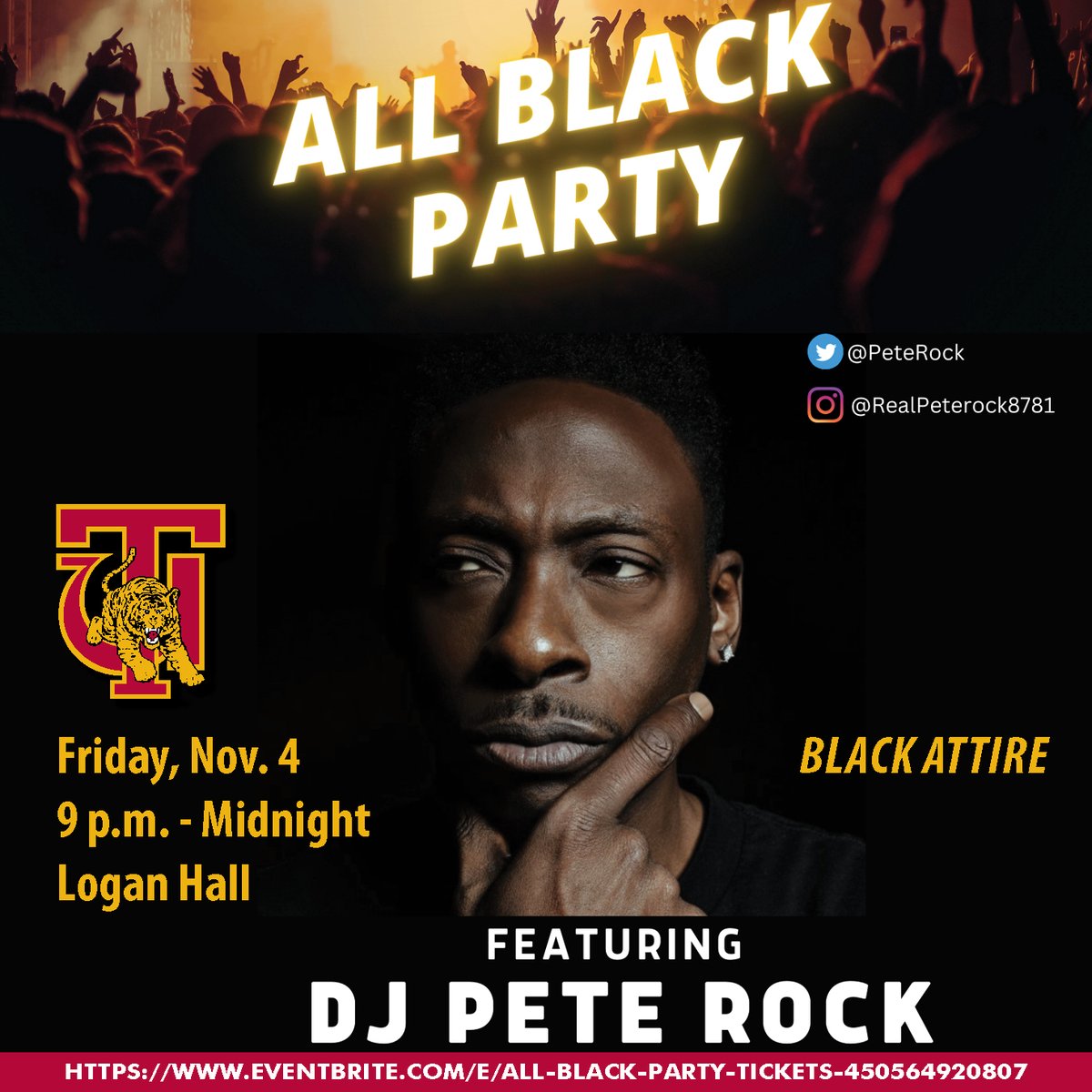 Calling all TU alumni! Get your tickets to the All Black Party featuring DJ Pete Rock. eventbrite.com/e/all-black-pa… #OneTuskegee #tuhc22