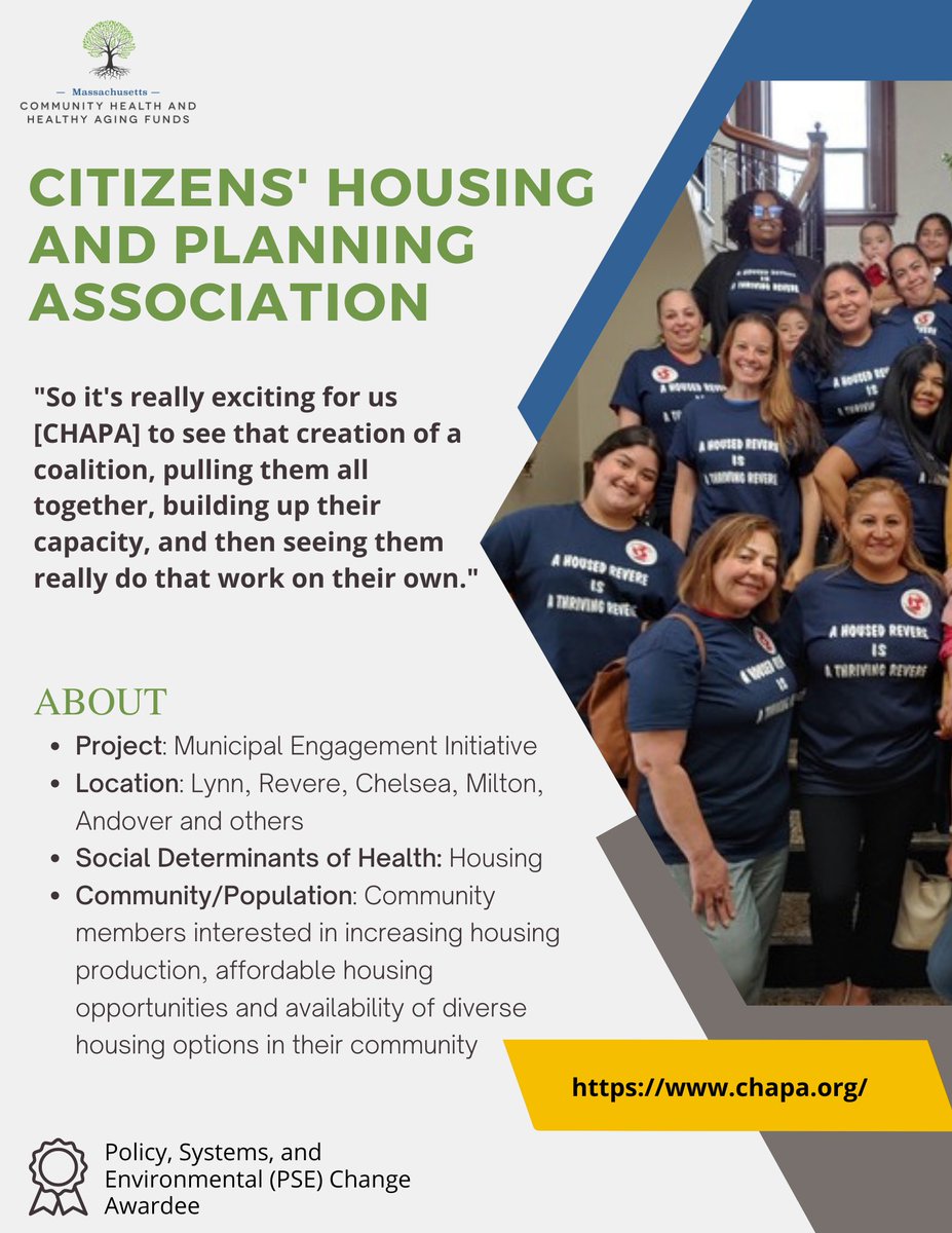 MAHealthFunds's tweet photo. @CHAPAdotorg  is a non-profit umbrella org for affordable housing and community development. The Municipal Engagement Initiative, funded in part by #MACHHAFunds, supports resident efforts to increase housing production, affordable housing, and diverse housing options. https://t.co/TECSYM2u8I